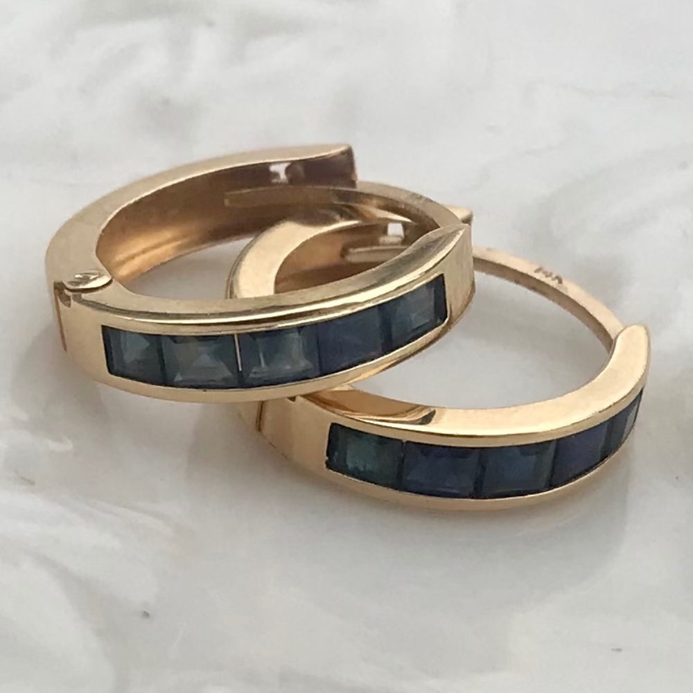 14K Gold Channel Set Sapphire Hoop Earrings